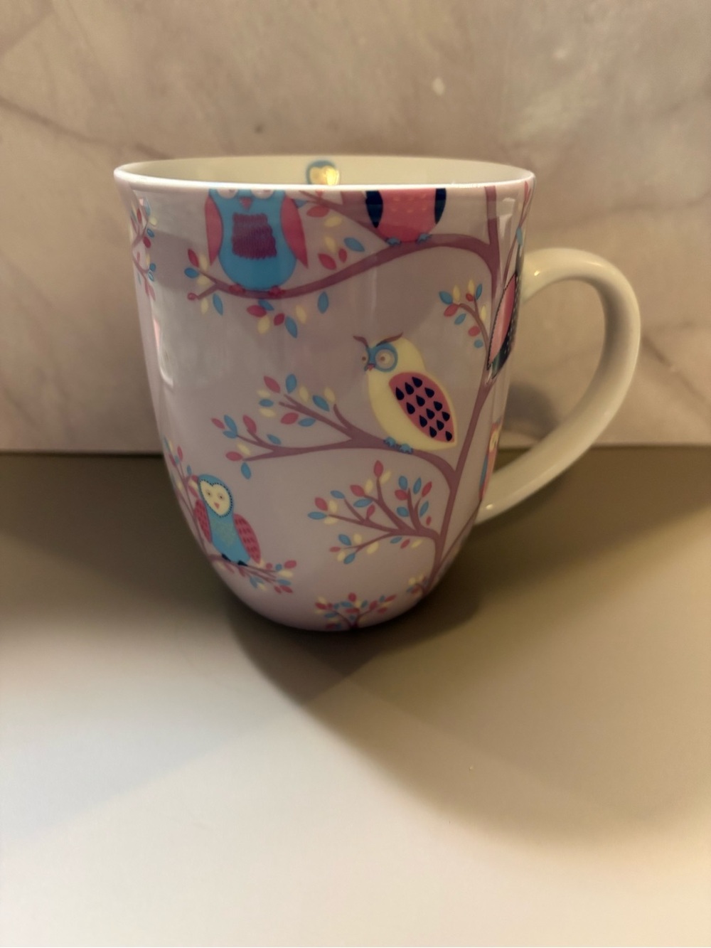 Cream Ceramic Owl Pattern Mug - Pastel Pink and Blue